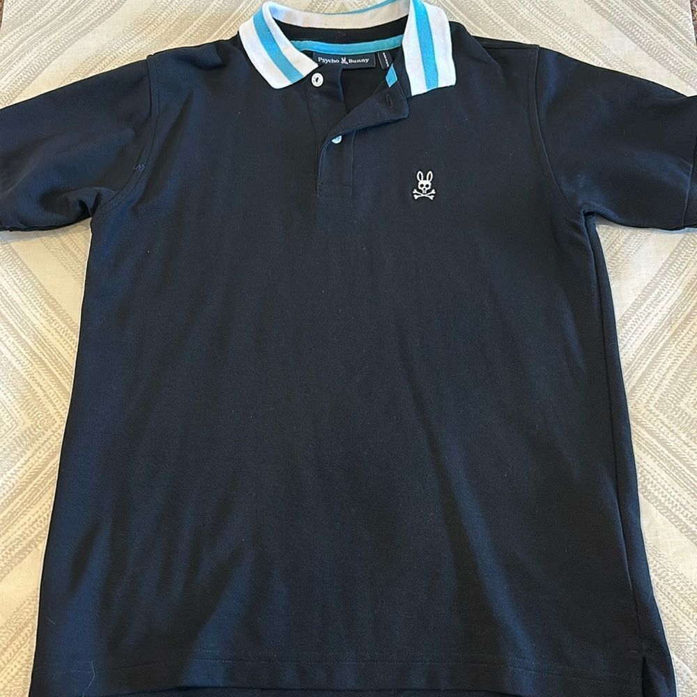 Psycho Bunny Boys Black Short-sleeve Collared Shirt with White & Blue Trim - XL
